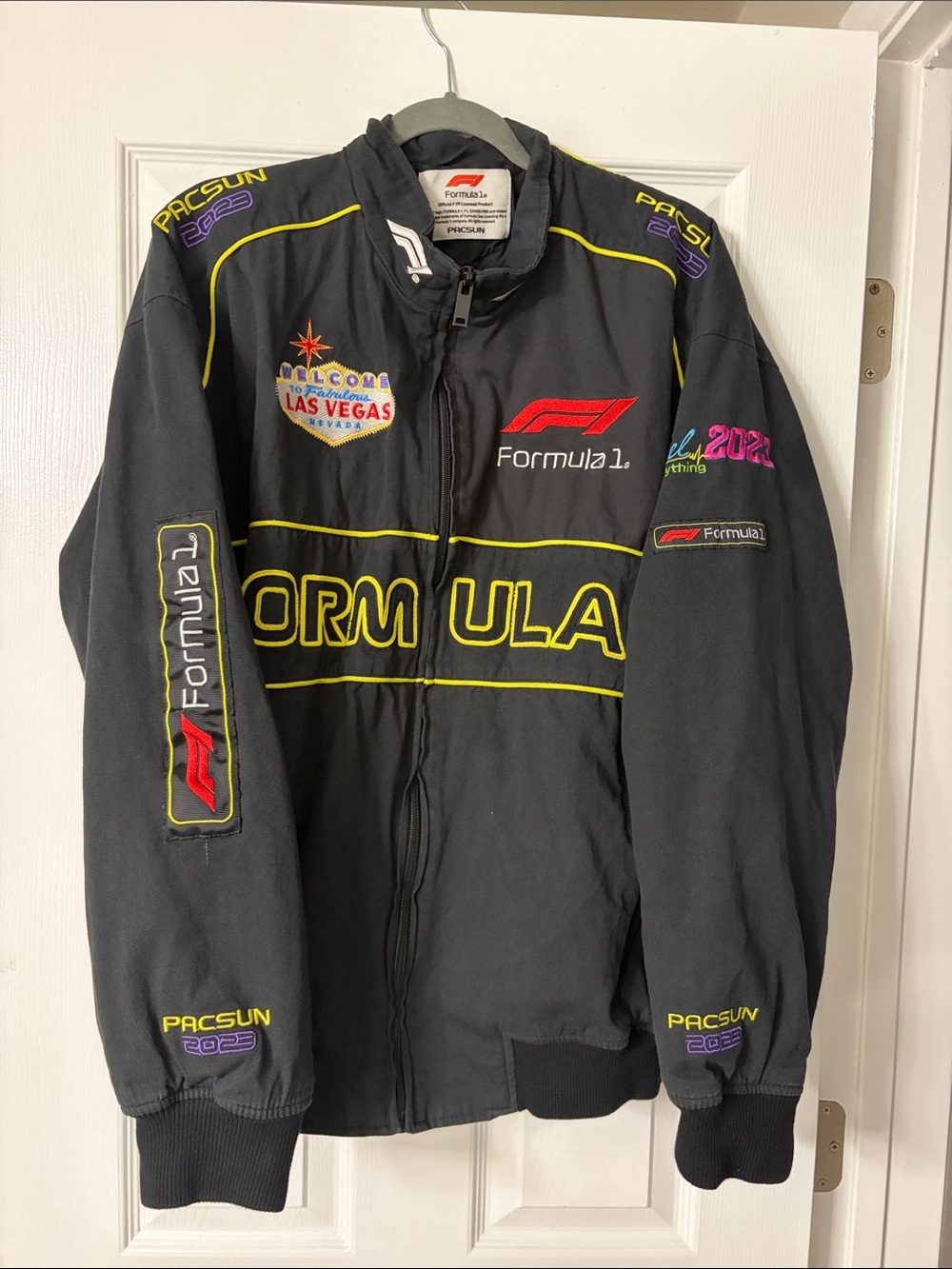 PacSun Formula 1 Black Bomber Jacket with Yellow Trim